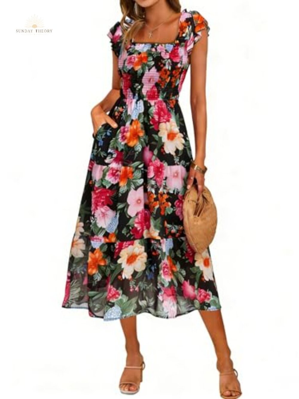 Simplee Chiffon Midi Dress Smocked Flutter Sleeve Boho Floral Casual